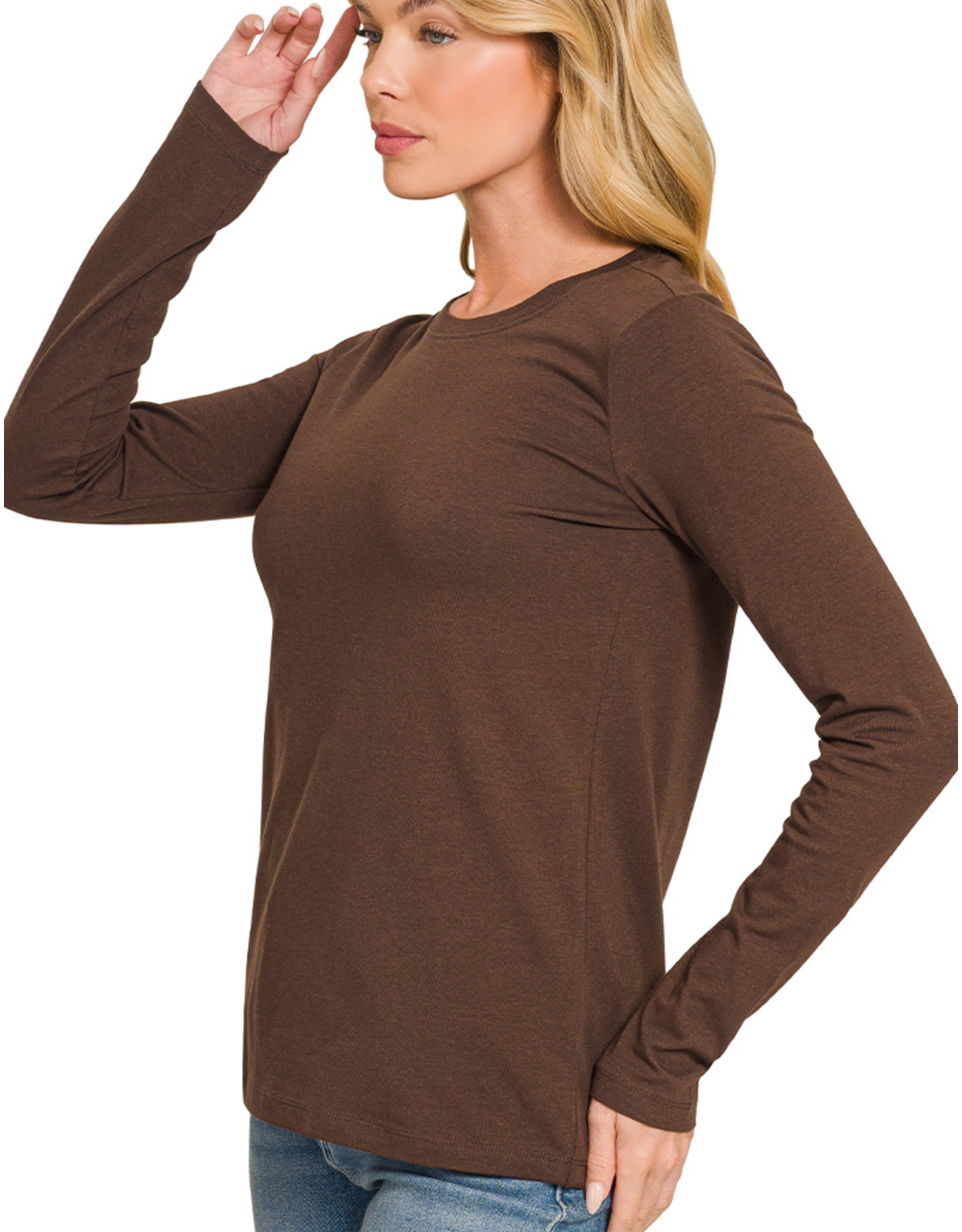 Cotton Crewneck Long Sleeve Tee in Chocolate