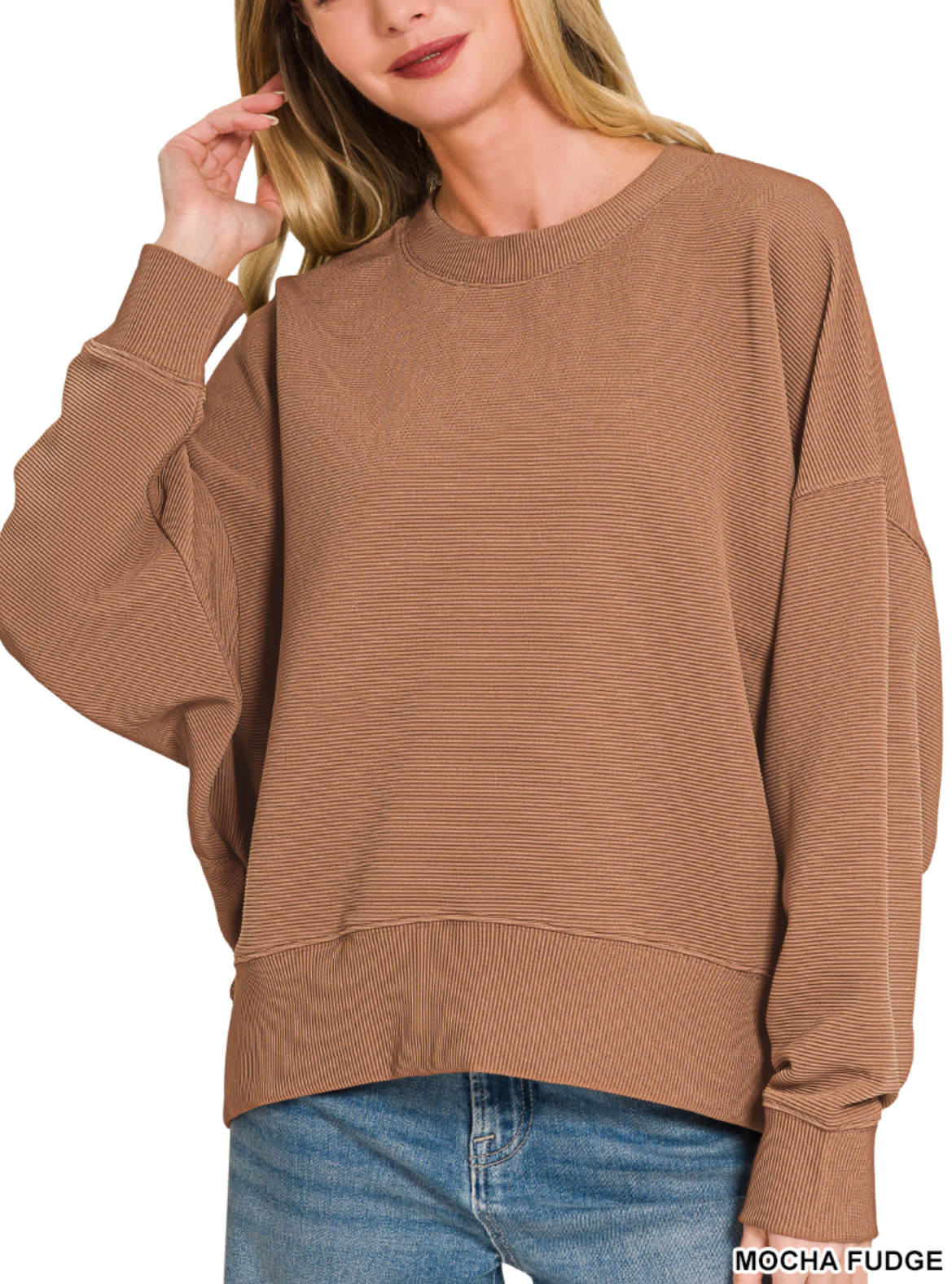 Ribbed Balloon Sleeve Pullover in Mocha Fudge
