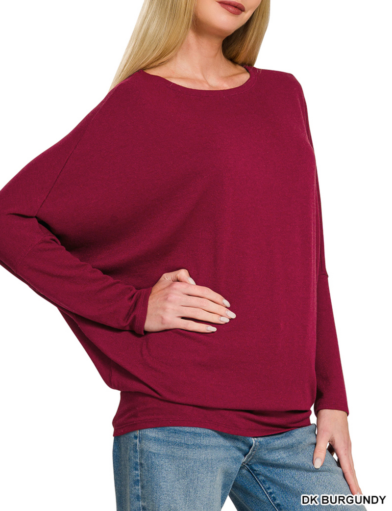 Dolman Sleeve Boat Neck Top in Dark Burgundy