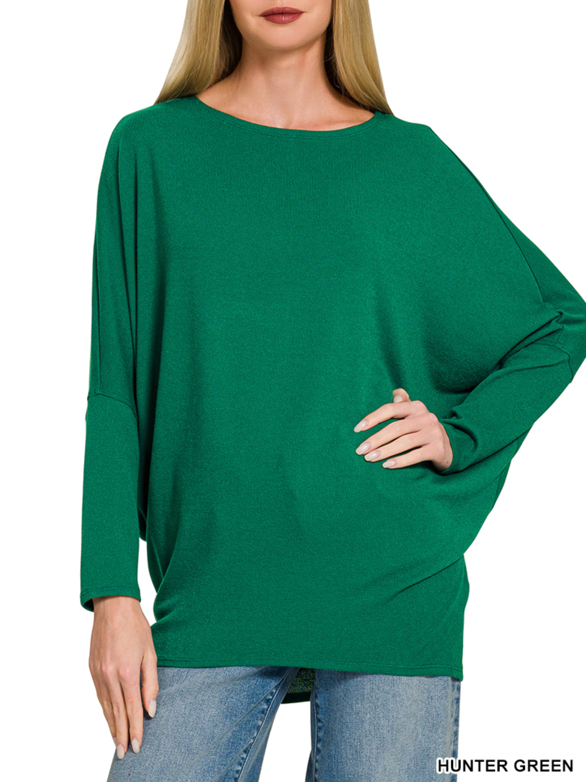 Dolman Sleeve Boat Neck Top in Hunter Green