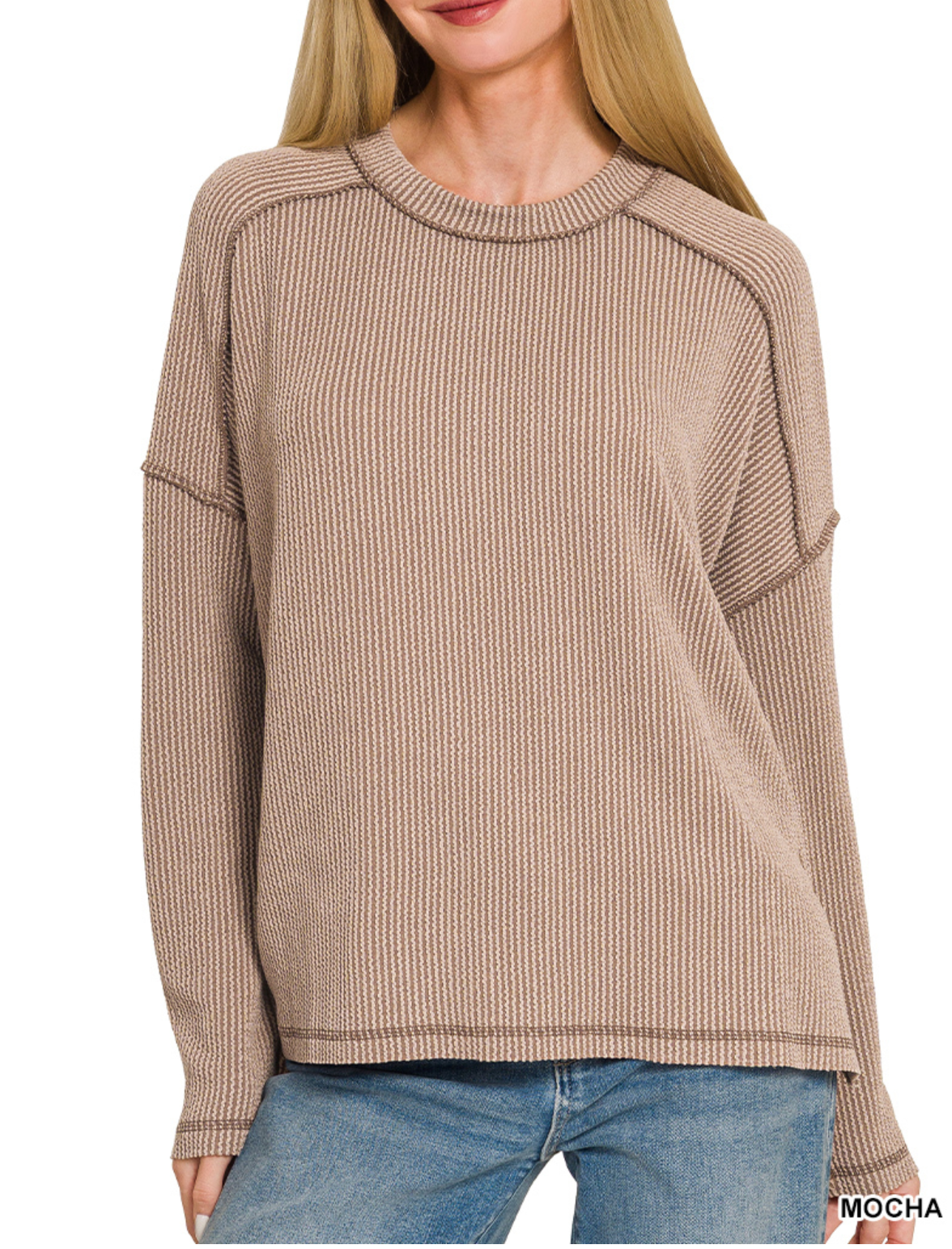Raised Rib Raw Hem Boat Neck Long Sleeve Top in Mocha