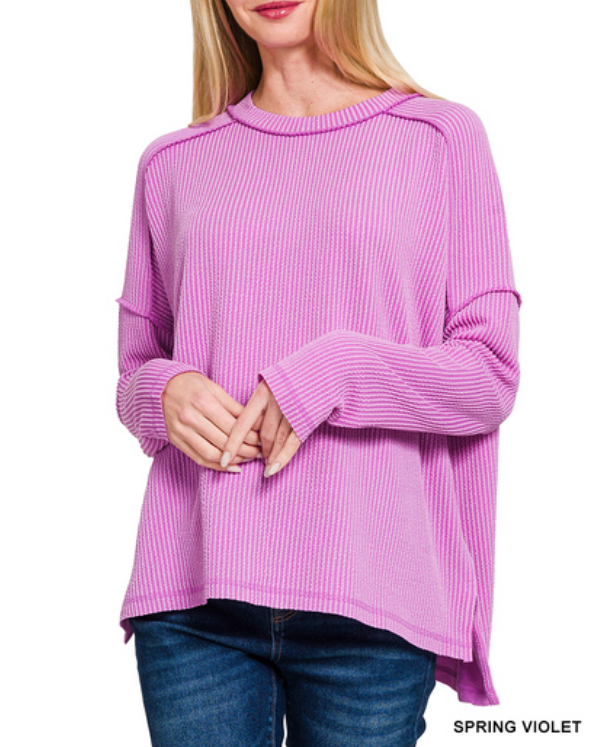 Raised Rib Raw Hem Boat Neck Long Sleeve Top in Spring Violet