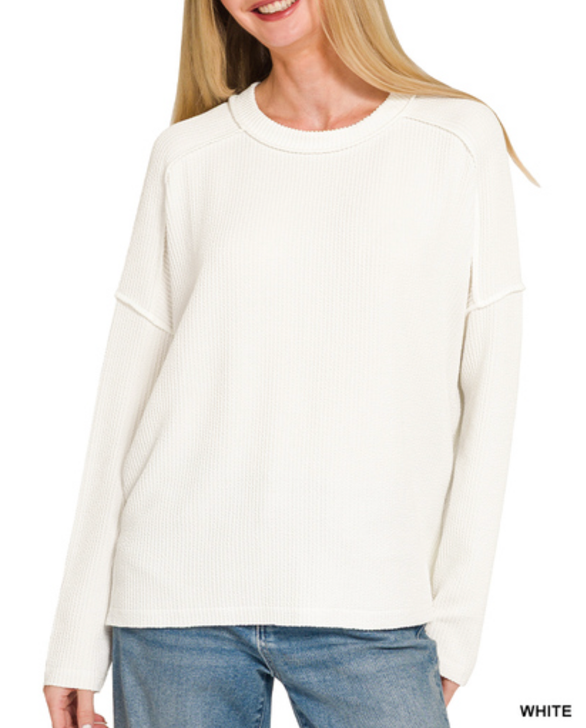 Raised Rib Raw Hem Boat Neck Long Sleeve Top in White