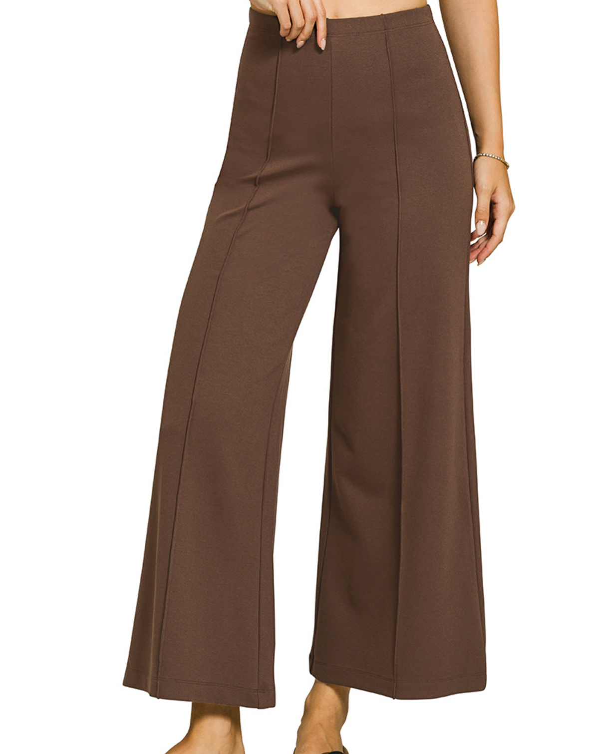 Ponte Elastic Waistband Pintuck Pants in Brown