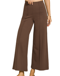 Ponte Elastic Waistband Pintuck Pants in Brown