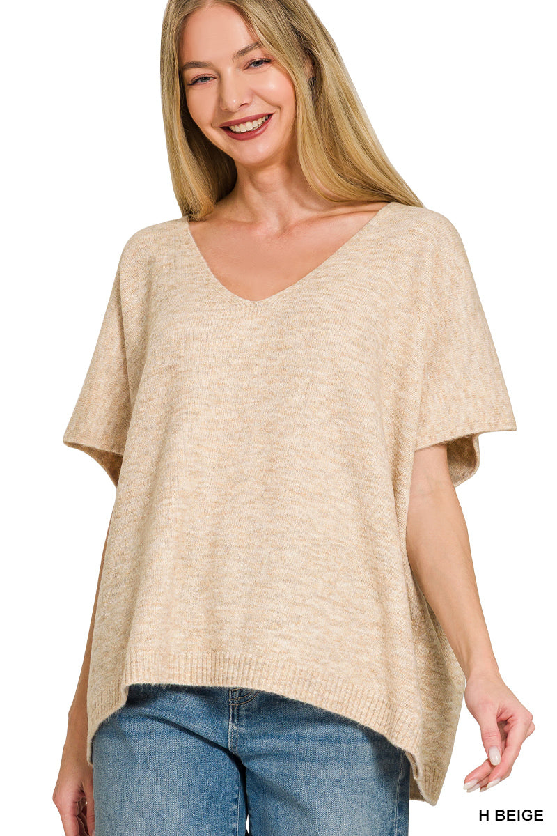 V-Neck Short Sleeve Sweater in Heather Beige