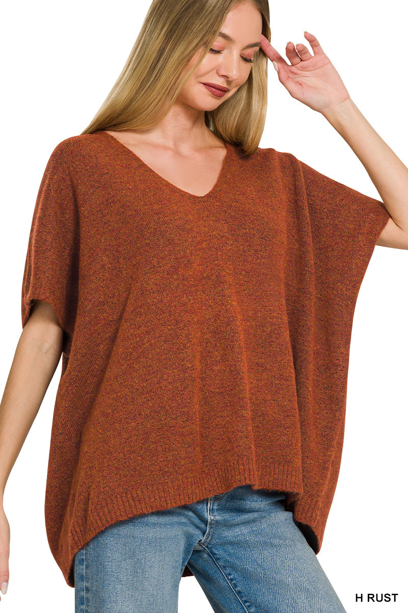 V-Neck Short Sleeve Sweater in Heather Rust