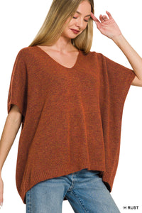 V-Neck Short Sleeve Sweater in Heather Rust