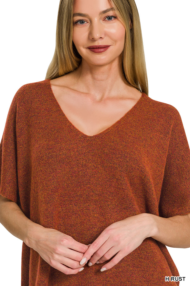 V-Neck Short Sleeve Sweater in Heather Rust