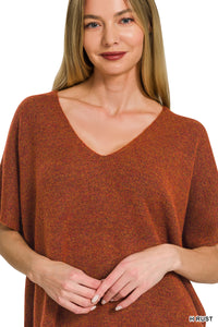 V-Neck Short Sleeve Sweater in Heather Rust