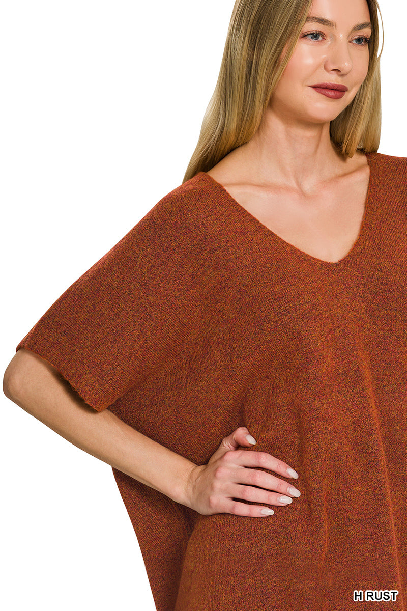 V-Neck Short Sleeve Sweater in Heather Rust