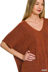 V-Neck Short Sleeve Sweater in Heather Rust