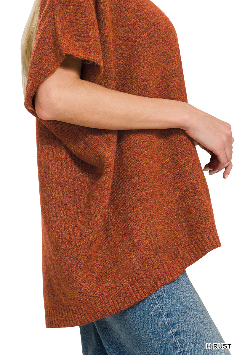 V-Neck Short Sleeve Sweater in Heather Rust
