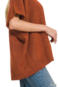 V-Neck Short Sleeve Sweater in Heather Rust