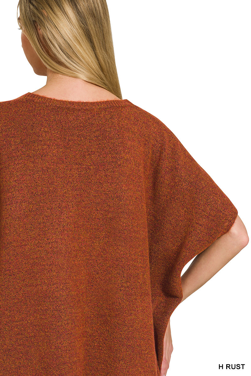 V-Neck Short Sleeve Sweater in Heather Rust