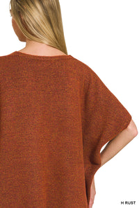 V-Neck Short Sleeve Sweater in Heather Rust