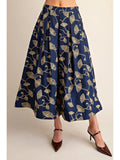 A-Line Embroidery Pleated Midi Skirt in Navy