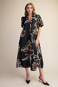 Abstract Print Puff Sleeve Midi Dress in Hunter Green