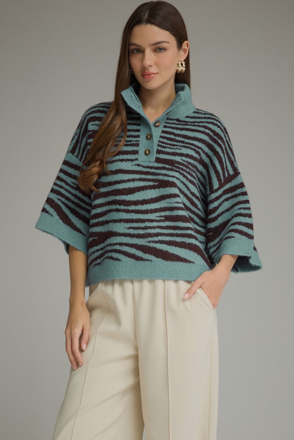 Ziggy Zebra Print Collared Sweater in Dusty Blue