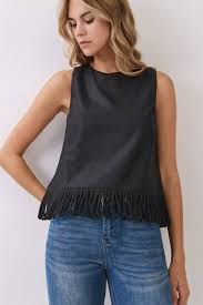 Fringe Trimmed Sleeveless Top in Black